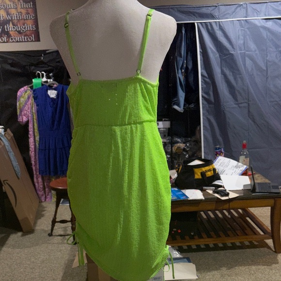 Wild Fable Sz L NWOT Neon Green sequins Ruched Women  mini Dress - Picture 8 of 11